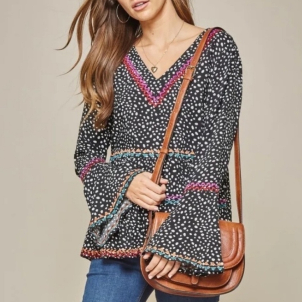 Savanna Jane Embroidered Polka Dots Bell Sleeve Babydoll Blouse Women's M Boho